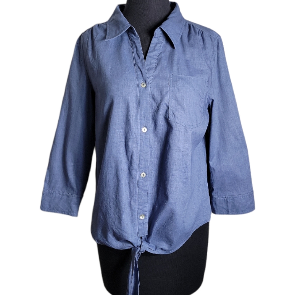Appraisal linen cotton blend tie front button up top women's L blue 3/4 sleeve